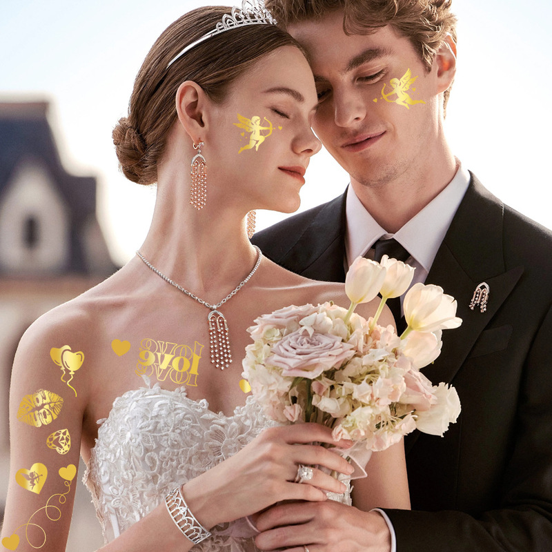 New Wedding Gold-Stamped Tattoo Stickers with a High-End Feel for Brides, Bridesmaids, and Wedding Parties, Metallic Temporary Tattoo Stickers