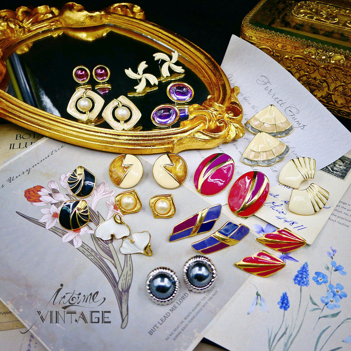 vintage American antique jewelry Trifari engraved gold-plated enamel delicate all-match earrings earrings