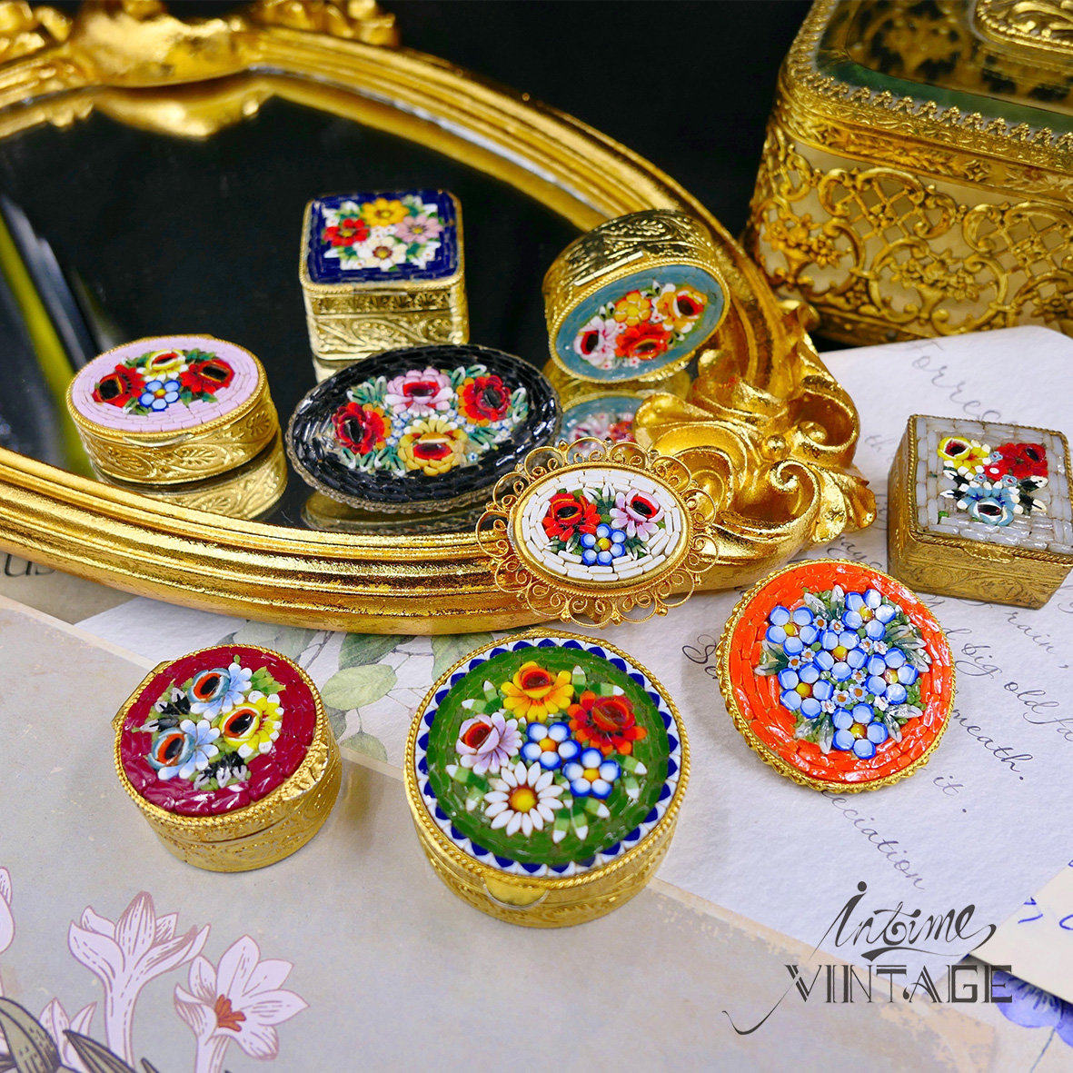 Vintage Italian mosaic antique brooch stained glass stone art collection handmade micro-inlaid jewelry box