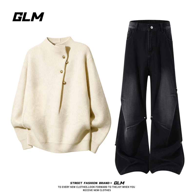 Glm Half-Turtleneck Buttoned Knit Sweater Autumn and Winter Black Sweater with Buttons Deconstructed High-End Sweater and Jeans Set Glm Half-Turtleneck Buttoned Knit Sweater Autumn and Winter Black Sweater with Buttons Deconstructed High-End Sweater and Jeans Set