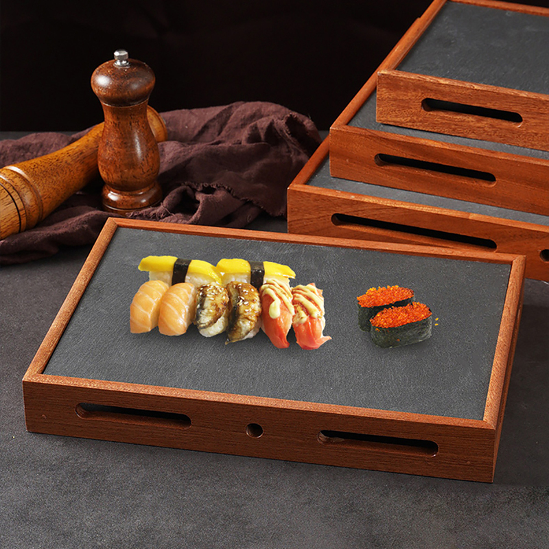 Rock Plate with Wooden Tray, Sushi Japanese-Style Rectangular Grilling Plate, Cold Dish Hot Pot Restaurant Creative Tray, Western Steak Plate