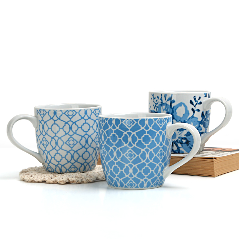 300ml European-style ceramic tea cup blue and white pattern mug office coffee cup