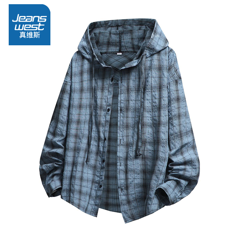 Jeanswest Hooded Plaid Shirt for Men and Women, Relaxed Fit, Summer Thin Sun-Protective Long-Sleeve Shirt, Loose Casual Jacket
