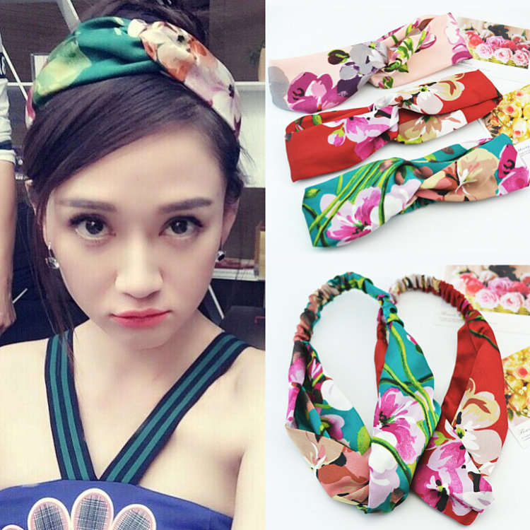 Spring and summer South Korea hair decoration Chen Jon's Tongxiu Geranium Chopped Flowers Real Silk Satin Elastic Cross Hair With Head Decoration Hair Stirrup