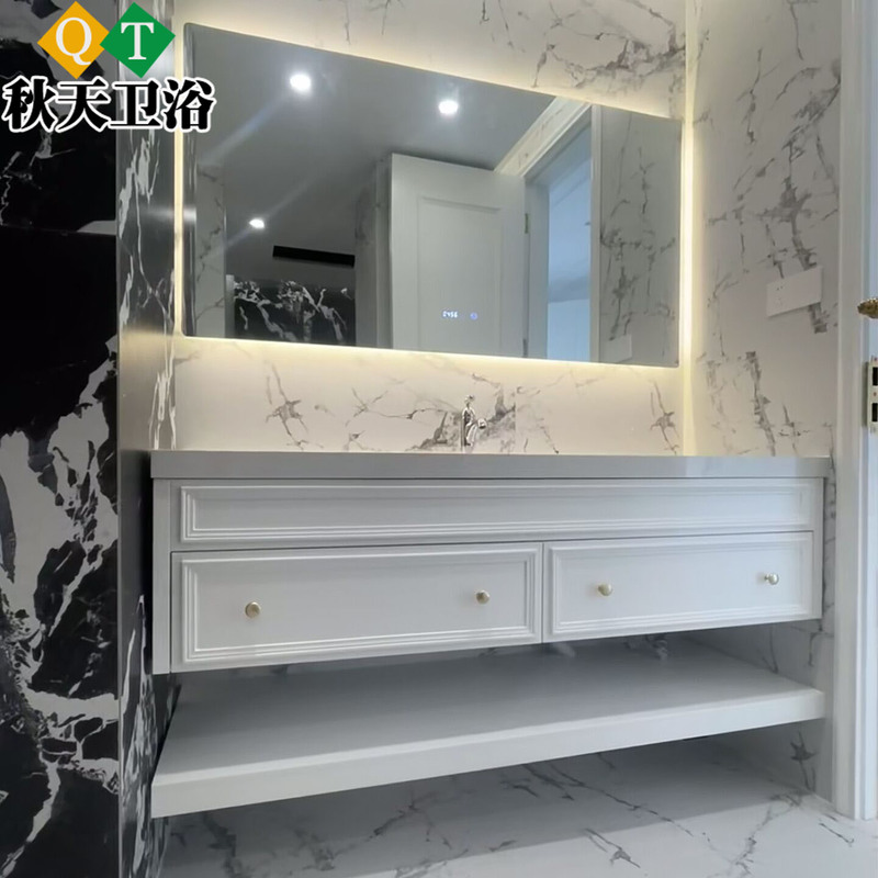 French-Style Vintage Solid Wood Bathroom Cabinet with Washbasin and Sink Combination, Seamless Rock Slab Vanity, Floating Bathroom Unit