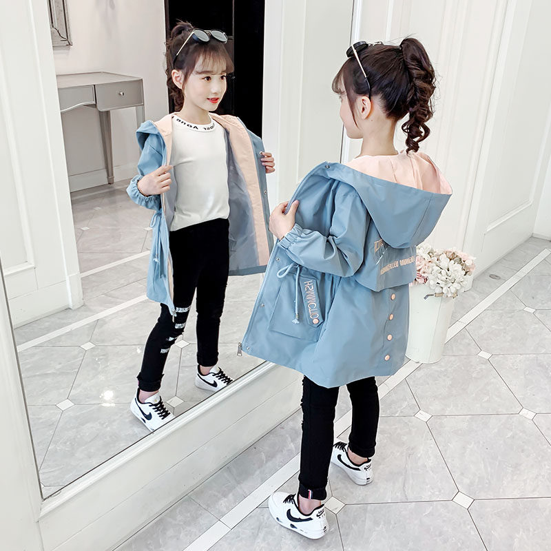Girls' Coat Autumn Dress 2021 New Korean Version Children's Spring and Autumn Little Girls In the Big Boy Foreign Atmosphere Medium Long Style Wind Jacket Tide