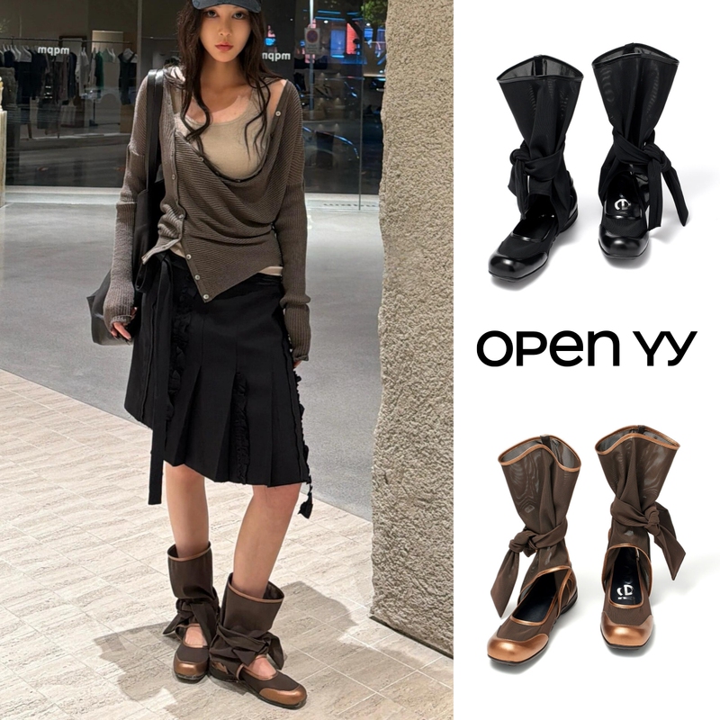 Korean Genuine Open Yy Mesh Satin Ribbon Leather Cut-Out Short Boots with Detachable Shoelaces Ballet Flat Fashion Boots