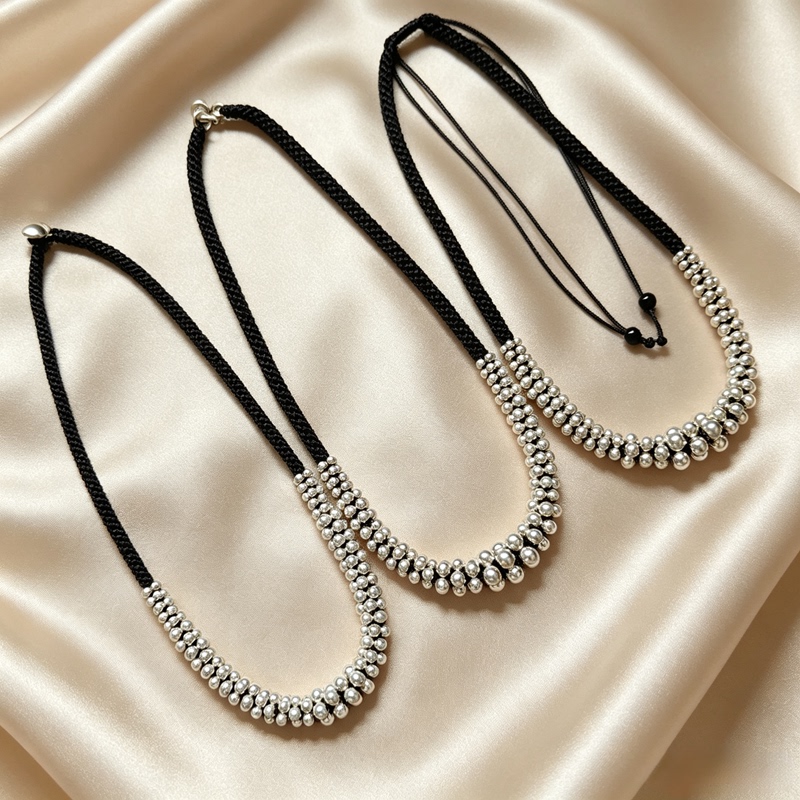 All-Over S925 Sterling Silver Bead Woven Necklace for Women, Personalized Silver Jewelry, Ethnic Style Starry Sky Handmade Braided Rope Choker Bracelet