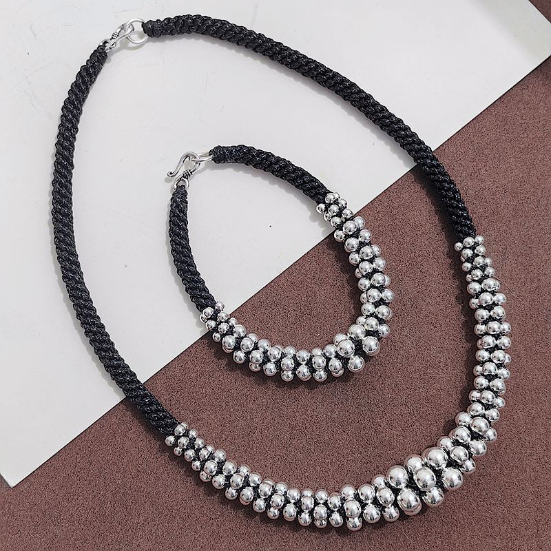 All-Over S925 Sterling Silver Bead Woven Necklace for Women, Personalized Silver Jewelry, Ethnic Style Starry Sky Handmade Braided Rope Choker Bracelet