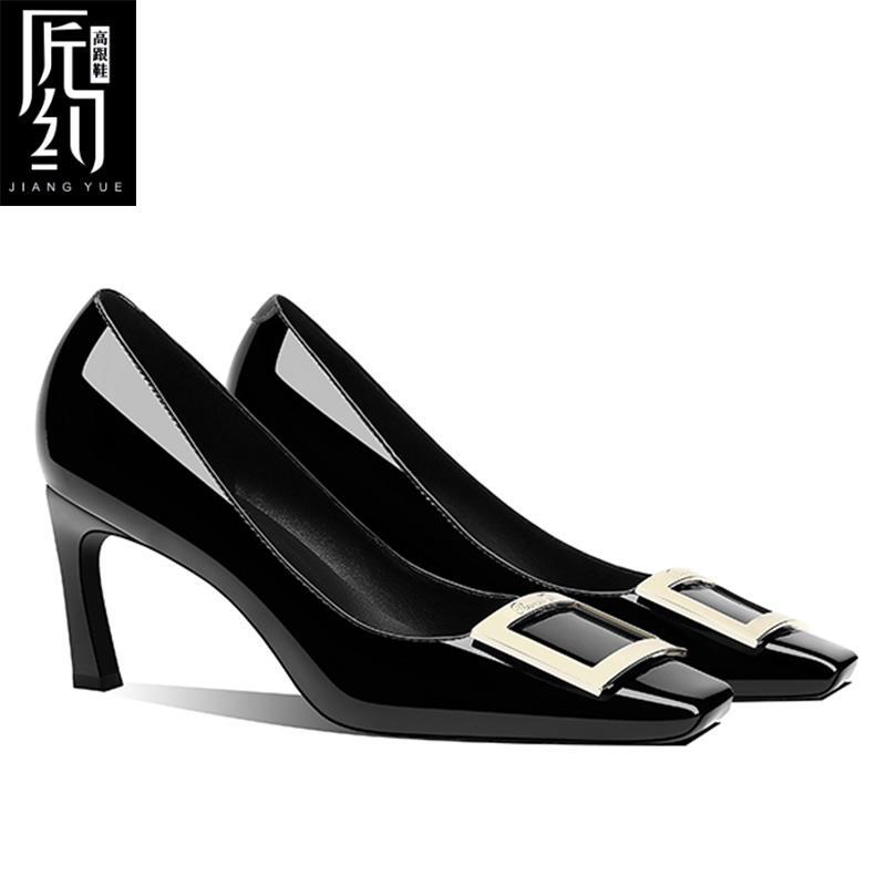2026 New High-End Black Elegant Square-Toe High-Heeled Shoes for Women, Stiletto Heel, Square Buckle, Professional Commuting Ol Large Size Shoes