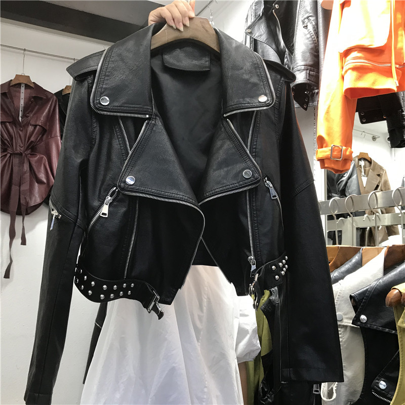 2021 autumn new European and American fashion jacket fashion short slim slim age reduction locomotive leather jacket woman
