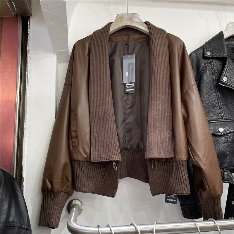 2021 Fall new Korean version handsome fur coat splicing fake two pieces loose without buckle peu leather jacket woman