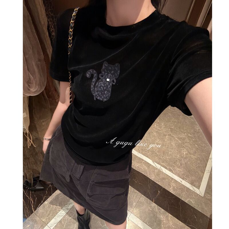 【Gugu】Flocked Puppy Silk Velvet Cat T-Shirt for Women, Versatile and Slimming Top for Autumn G26710