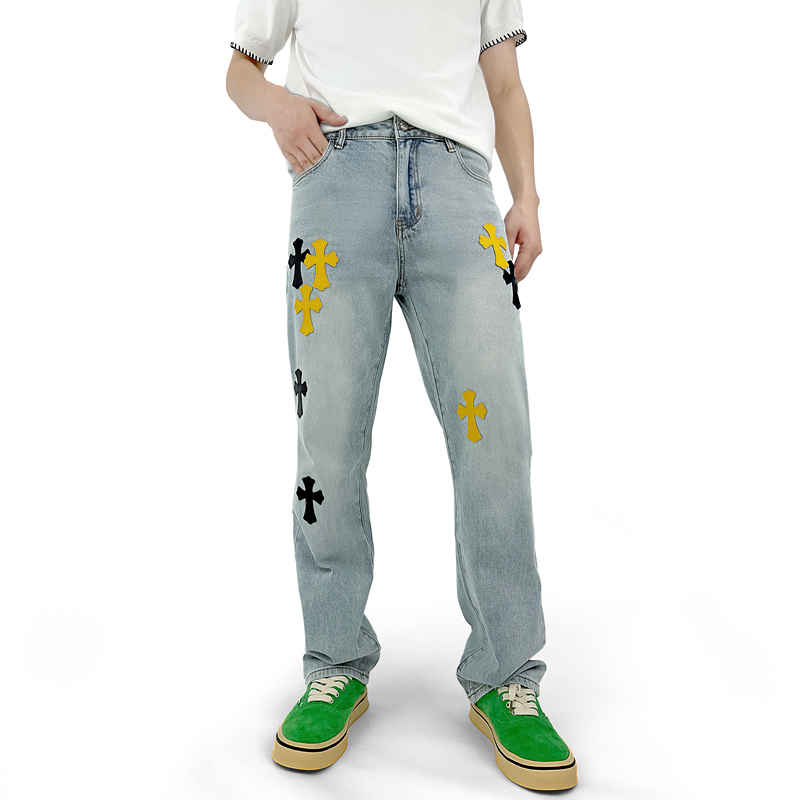 American-Style Trendy Brand Washed Cross-Pattern Jeans for Men, Thin Street-Style Slim-Fit Loose Straight-Leg Luxury High-End Brand