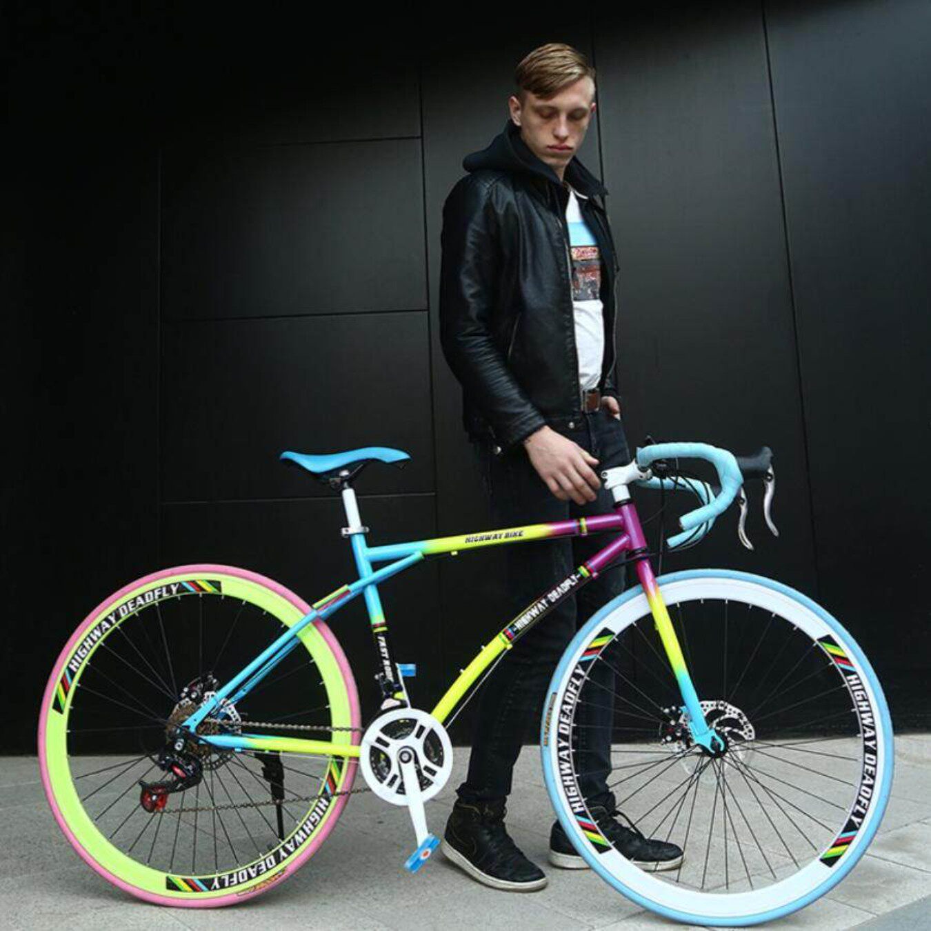 Road Bike Racing Bicycle with Variable Speed, Freewheel, Curved Handlebars, Ultra-Fast Racing, Ultra-Light, Solid Tire, Fixed Gear, Adult Unisex Bicycle