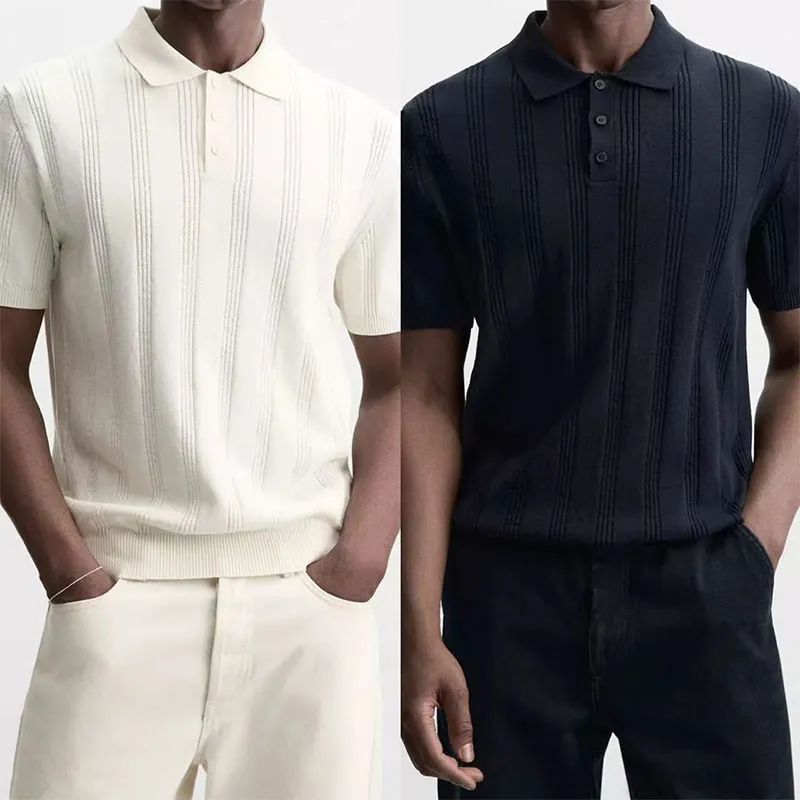 2025 Summer New Men's Ribbed Slim Straight Knit Short-Sleeve Polo Shirt 7140410