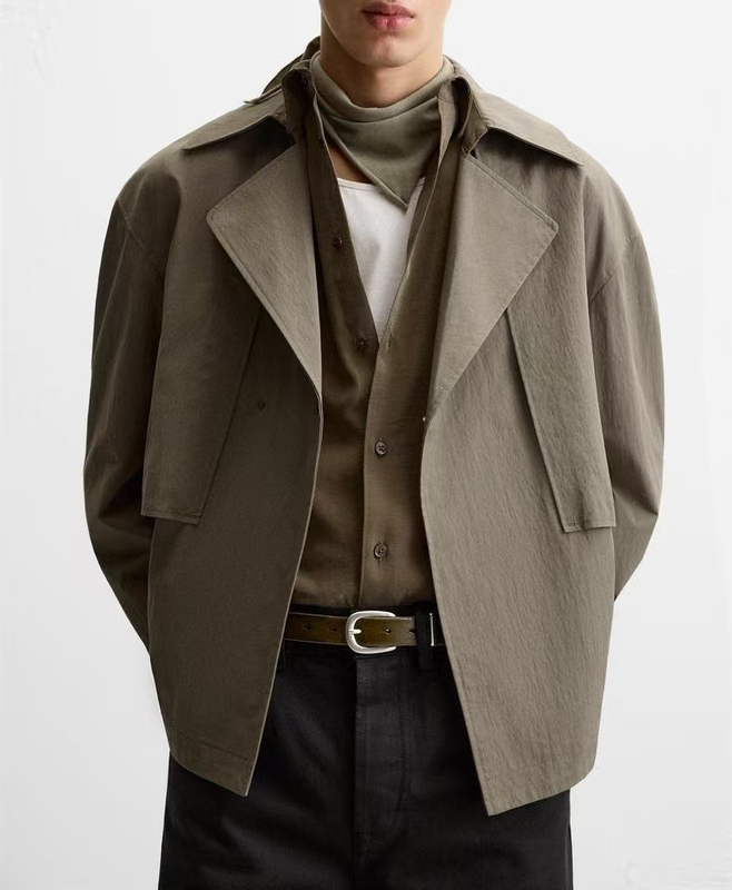 2025 Spring New Men's Lightweight Tech Fabric Short Concealed Button Coat Windbreaker 8281103