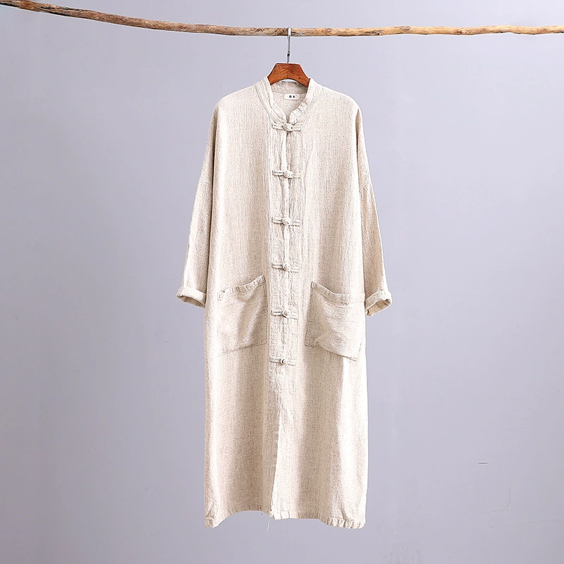 Cotton và vải lanh nữ chính hãng Trung Quốc phong cách Trung Quốc retro khóa lanh áo khoác dài áo gió áo len nữ - Trench Coat