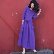 Vintage Island Lijiang văn học gốc cotton và vải lanh pha trộn tay áo giảm béo váy dài áo choàng đi du lịch - Sản phẩm HOT