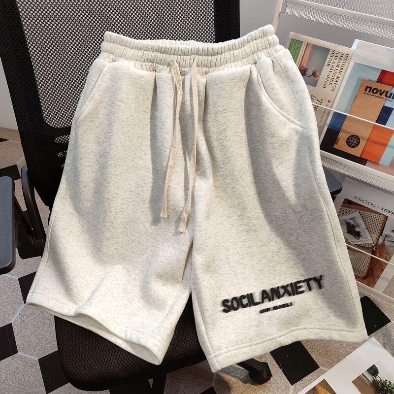 American-Style Creative Letter Print Sports Casual Shorts for Men, Summer Loose High-Waisted Straight Drawstring Five-Point Pants
