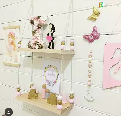 ins home solid wood beads double-layer partition wall shelf wooden pallet children's room decoration children's clothing store props