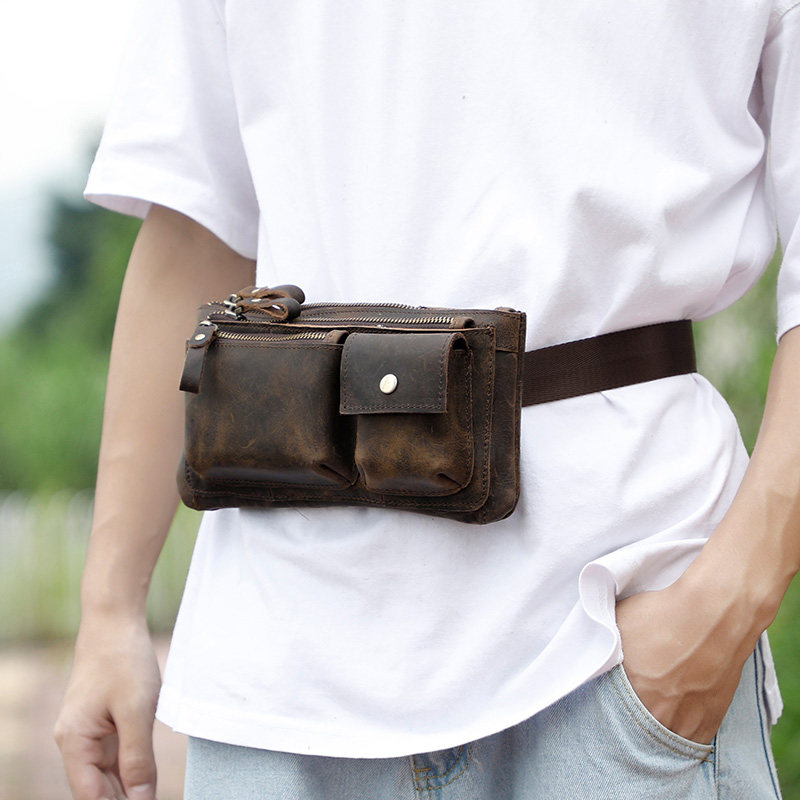 Genuine leather waist bag men's top layer cowhide outdoor multi-functional diagonal bag tactical mobile phone retro street trend chest bag men
