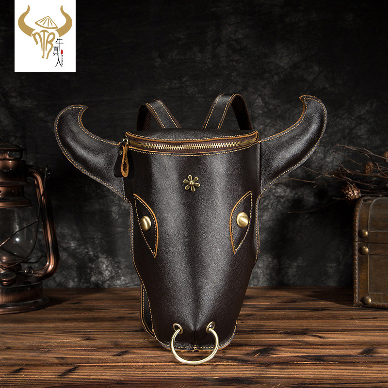 Bull Head Bag Travel Double Shoulder Bag Men Genuine Leather Small School Bag Handpack Casual Personality Trend Multifunction Backpack Man-Taobao