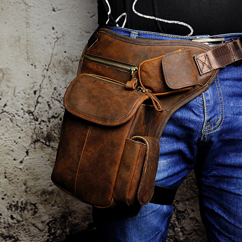 Tactical belt bag outdoor leg bag multifunctional vintage men's front layer cowhide casual bag diagonally across genuine leather belt bag men