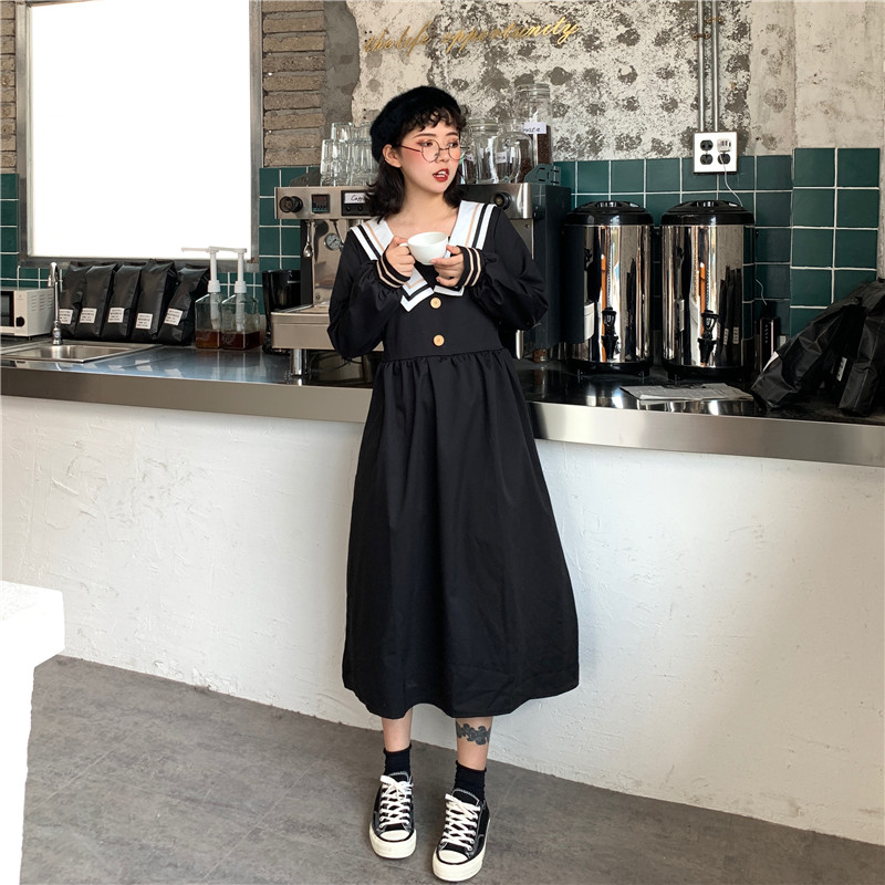 Autumn Winter Thickening Jk Uniform Dress Genuine original day Department Students College Wind Navy territorial waters Handmade long version of the dress