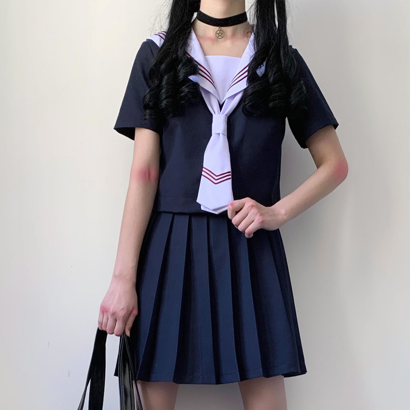 jk uniform skirt genuine summer short sleeve set original basic style Academy style navy collar seamer jacket pleated skirt