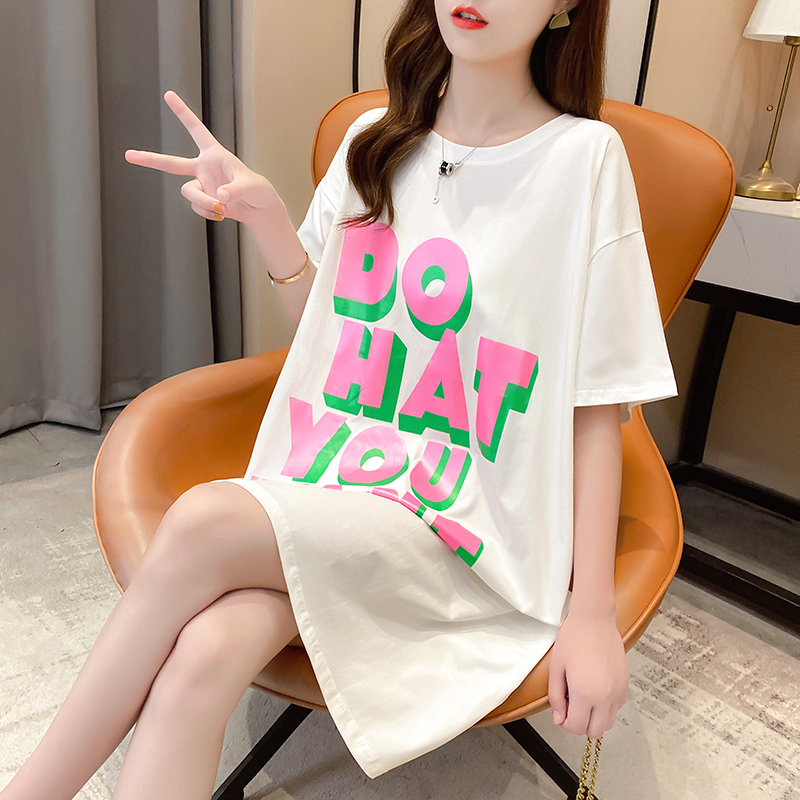 Real shot short sleeve T-shirt women's summer 2021 new Korean fashion printed medium length top large women's wear