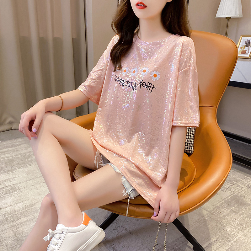 Real shot short sleeve T-shirt women's summer 2021 new Korean fashion printed medium length top large women's wear