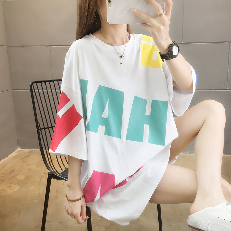 Real shot short sleeve T-shirt women's summer 2021 new Korean fashion printed medium length top large women's wear