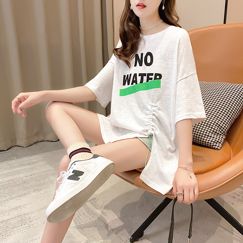 Real shot short sleeve T-shirt women's summer 2021 new loose pleated drawstring medium length top large women's wear