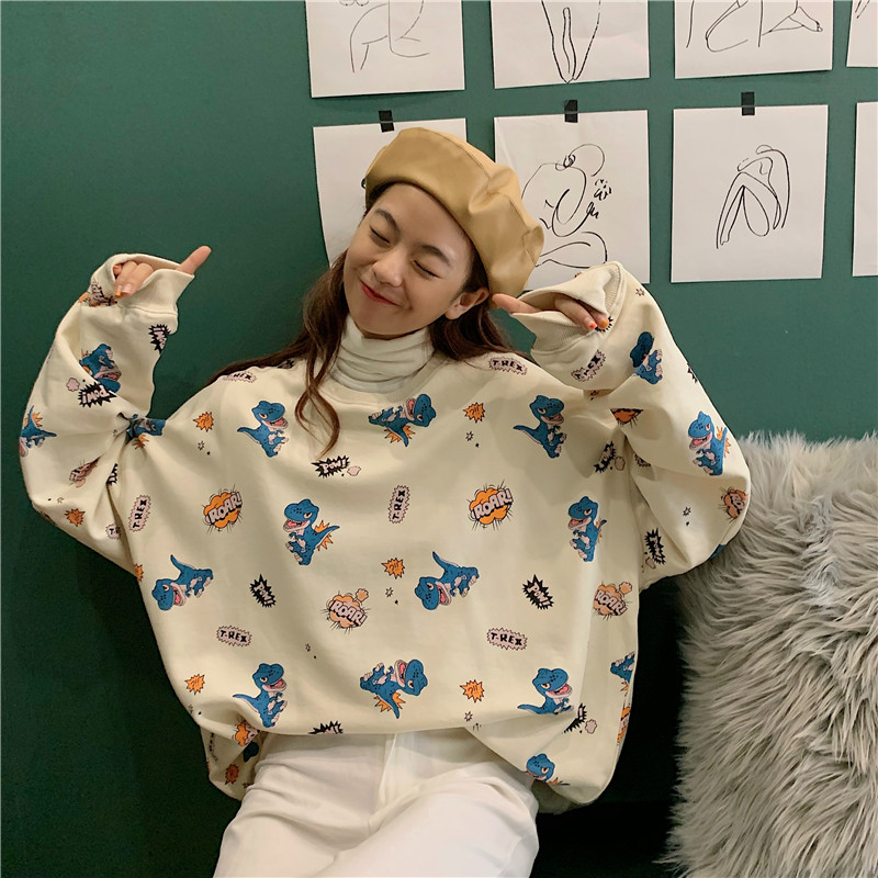 Real shooting new dinosaur spring and autumn thin sweater women's Pullover loose Korean version