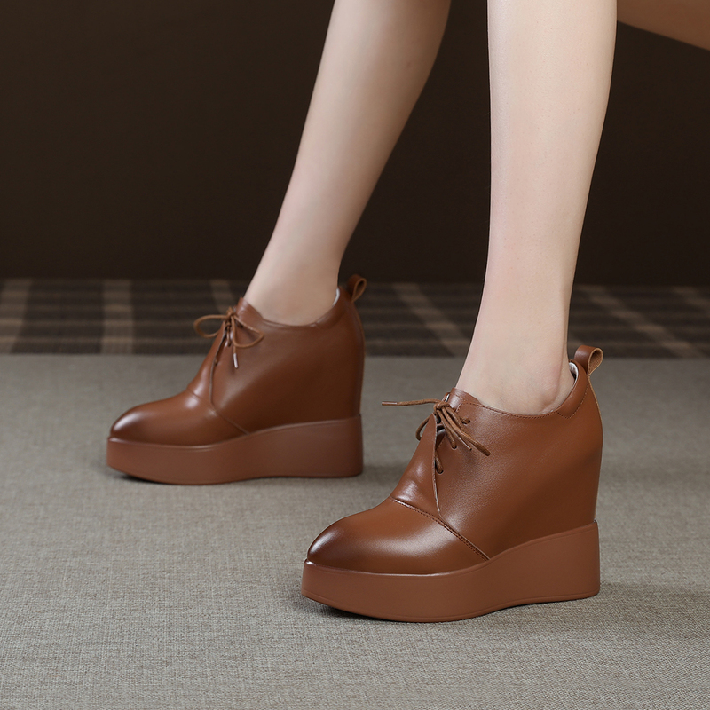 12cm Genuine Leather Chunky Heel Ultra-High Platform Shoes New Pointed Toe Lace-Up Waterproof Platform High Heels Women's Shoes