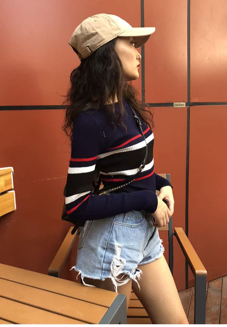 Áo thun sọc đáy cổ tròn bó sát áo len dài tay cơ bản retro hit áo thun mỏng màu áo len nữ áo len croptop