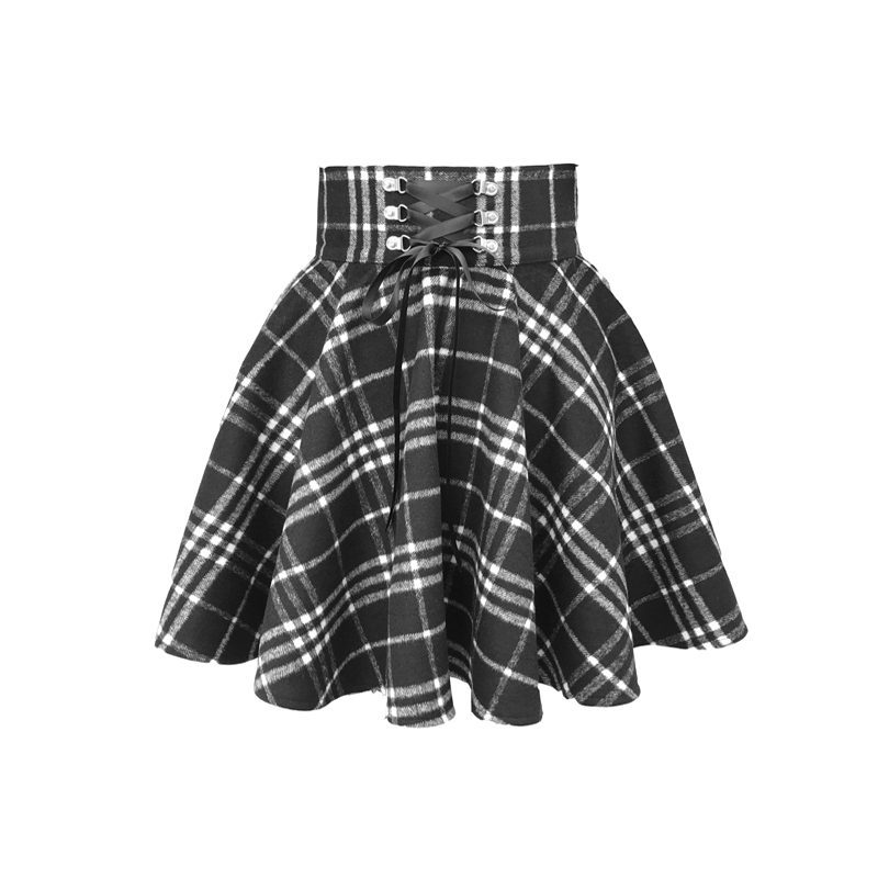 Spot original wide waist black and white grid retro girl dark skirt women's woolen high waist tutu skirt ins autumn and winter