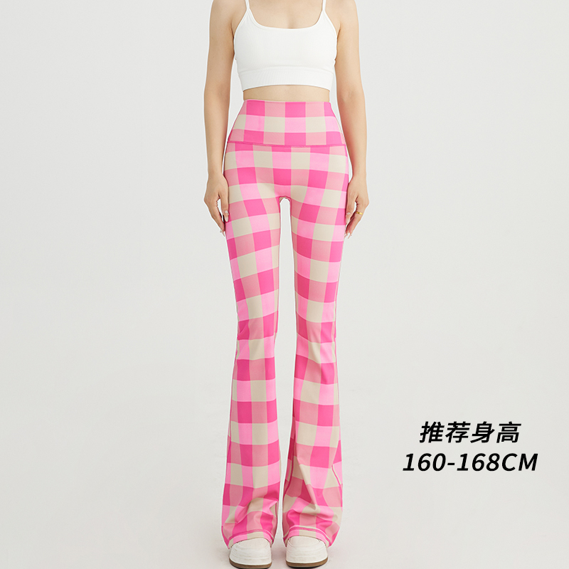 Cofeipard High-Waisted Plaid Flared Yoga Pants for Women, Suitable for Petite Figures, Extended Length, Pink Flared Casual Pants