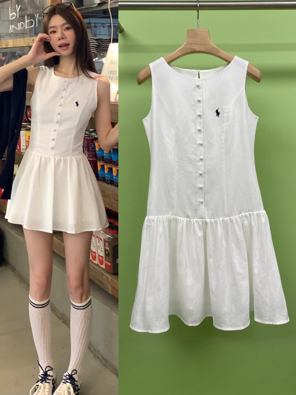 2026 Spring/Summer New French Simple Vacation Style White Linen Round Neck A-Line Vest Dress with Pony Embroidery