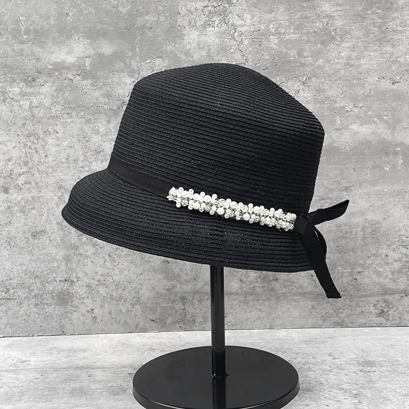 Japanese-Style Premium Beaded Bow Lampshade Hat for Women, Summer Sun Protection Straw Hat, Hepburn-Style Bucket Hat, Beach Hat
