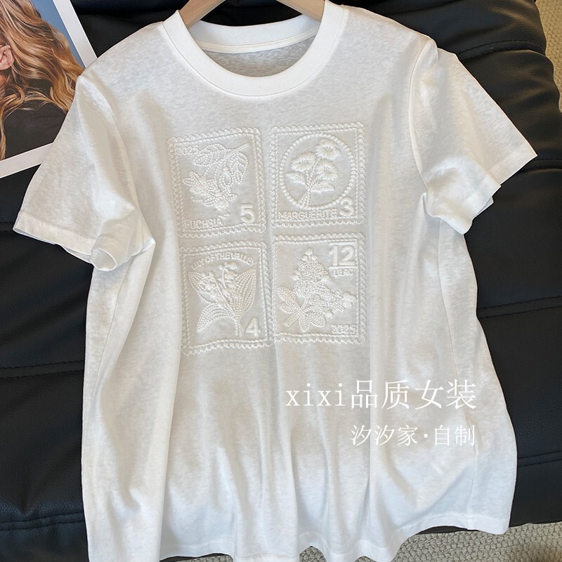 European Style White Short-Sleeve T-Shirt for Women, Summer 2026 New High-End Embossed Embroidery Base Shirt, Loose Oversized Top