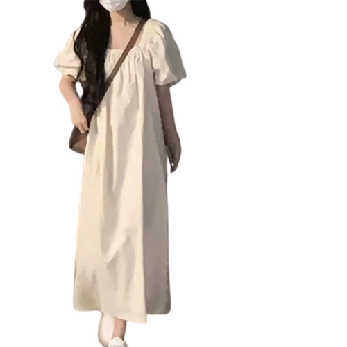 Белое летнее платье, длинная юбка, квадратный вырез, французский стиль, подходит для подростков, рукава фонарики