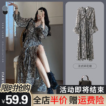 Autumn and winter clothes 2021 new womens high sense skirt French long sleeve small man flower dress skinny dress