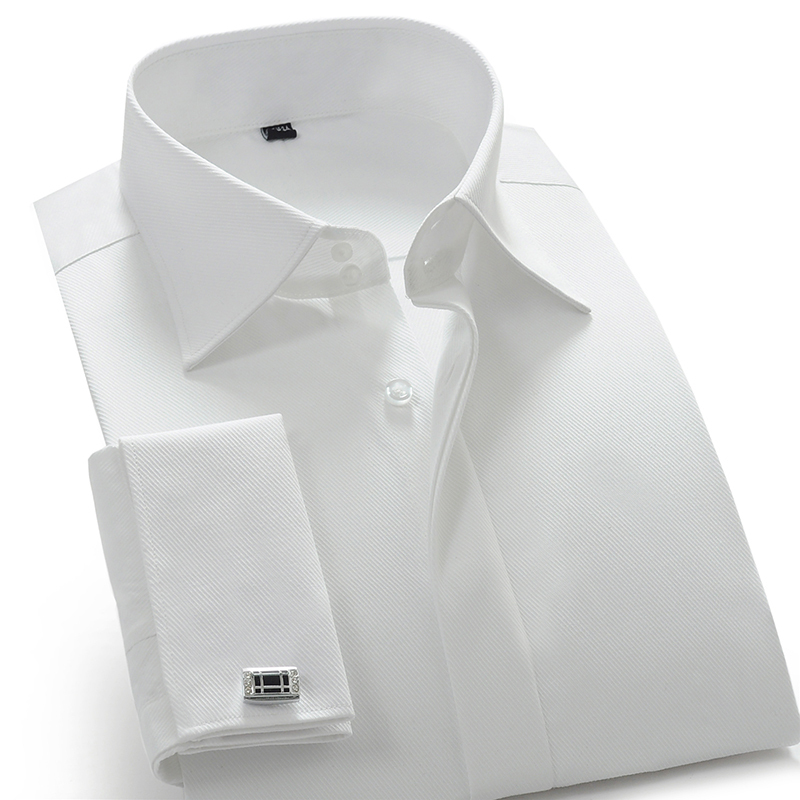 Summer Men's French High-Collar White Shirt Long-Sleeve Slim Fit Groom Wedding Cufflinks Business Groomsman Solid Color Shirt Spring