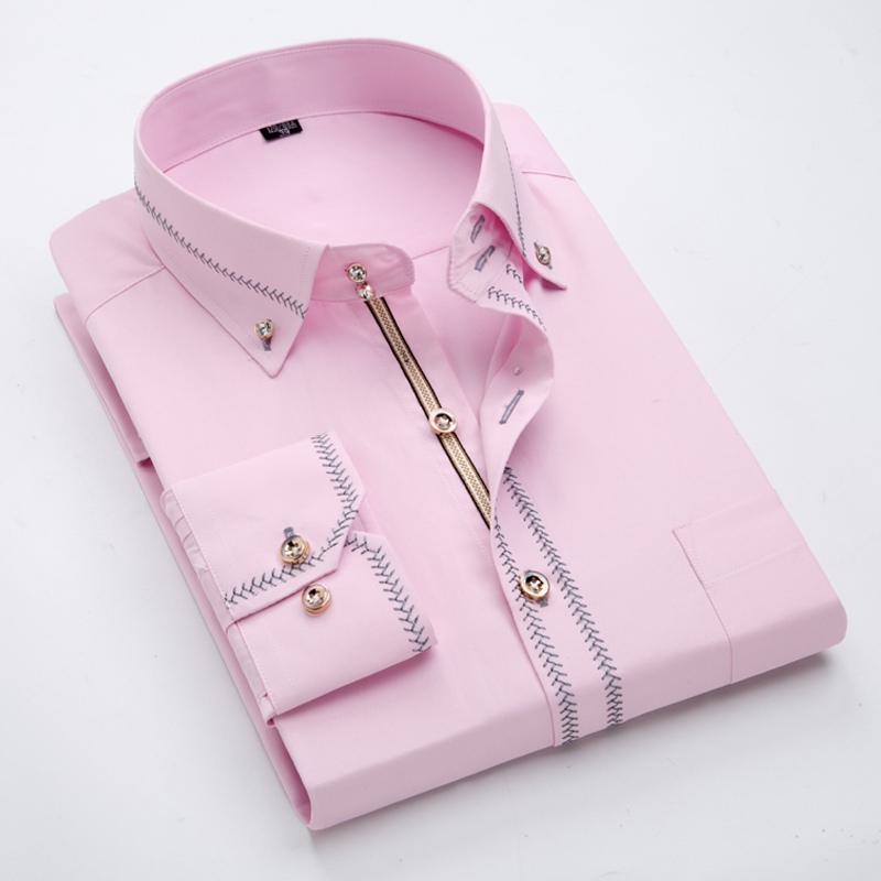 Spring and Autumn Fashion Trim Long-Sleeved Shirt Men's Slim Business Casual Groom Trendy Men's Pink Embroidered Shirt