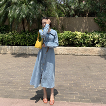 SYT super Parisian style lapel denim shirt skirt womens mid-length waist slim spring dress with belt