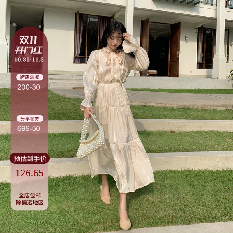 SYT French satin dress 2022 spring new fairy skirt retro high-cold royal sister style mid-length skirt