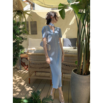 SYT high face value design original knit open slit dress female summer 2021 swarm with slim mid-length dress