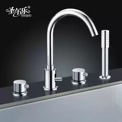 Brass four-hole bathtub faucet Bathtub hot and cold four-piece set pull-out handheld shower set Desktop dual-use faucet